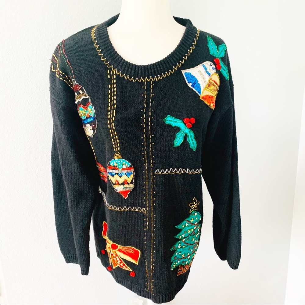 Vtg Black Pullover Knit Beaded Christmas Sweater M